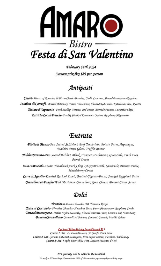 Valentine's Day Menu Amaro Bistro